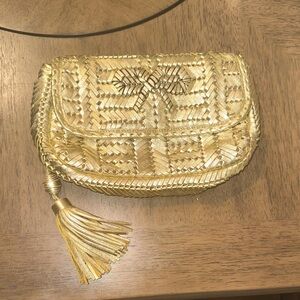 Chic Gold Woven Clutch with Tassel